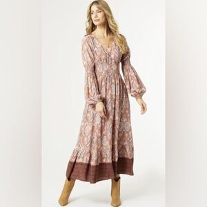 Kyla Maxi Dress Women’s S/M Rose/Brown Viscose V-neck L/S Elastic Waist EUC